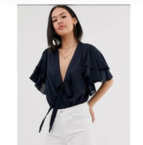 FREE PEOPLE Call Me Later Ruffle Tie Front Boho Rayon Blouse Top.Black. Size SM - Picture 10 of 16